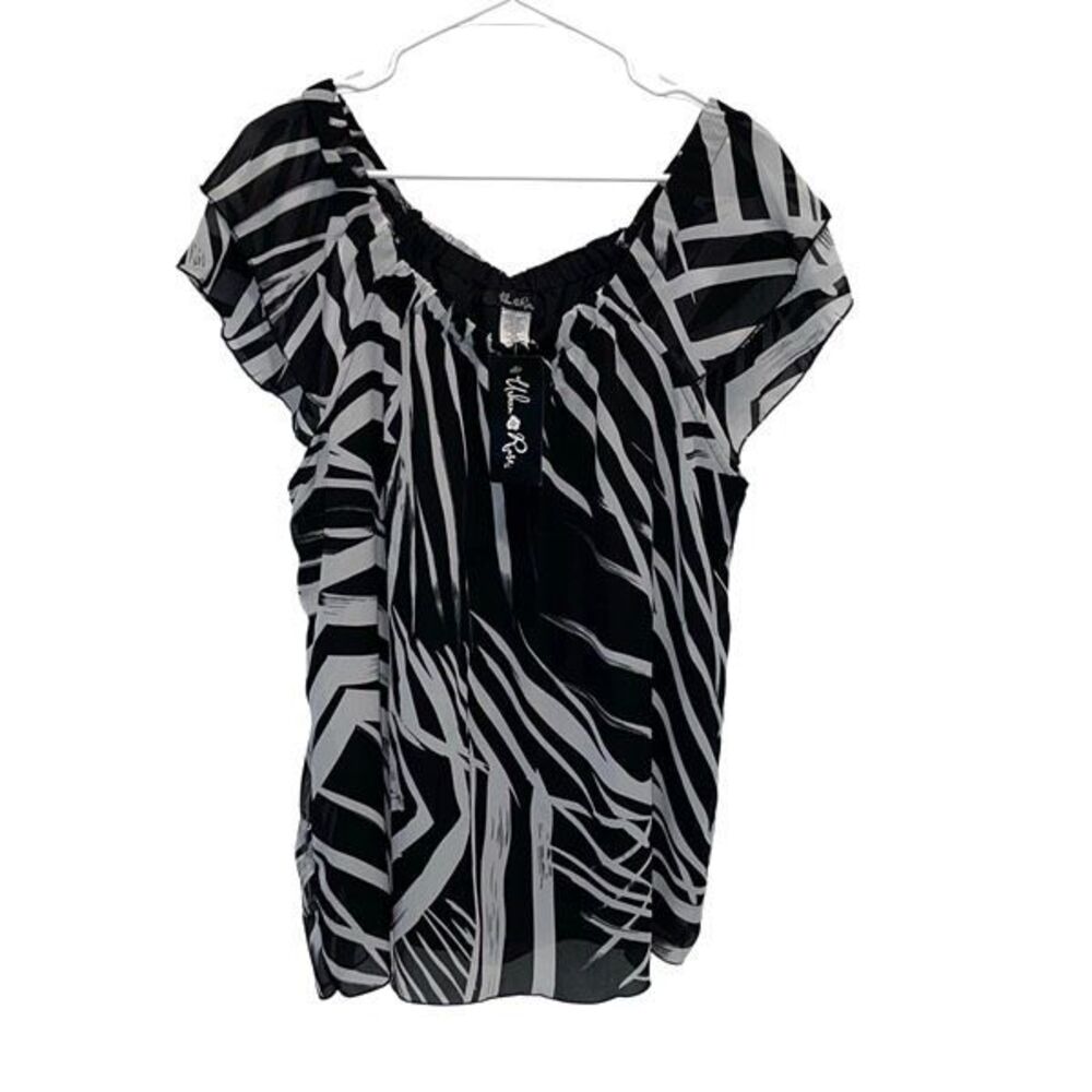 Urban Rose Womens Zebra Print Fluttered Sleeve Blouse Black Gray Size 1X NWT‎